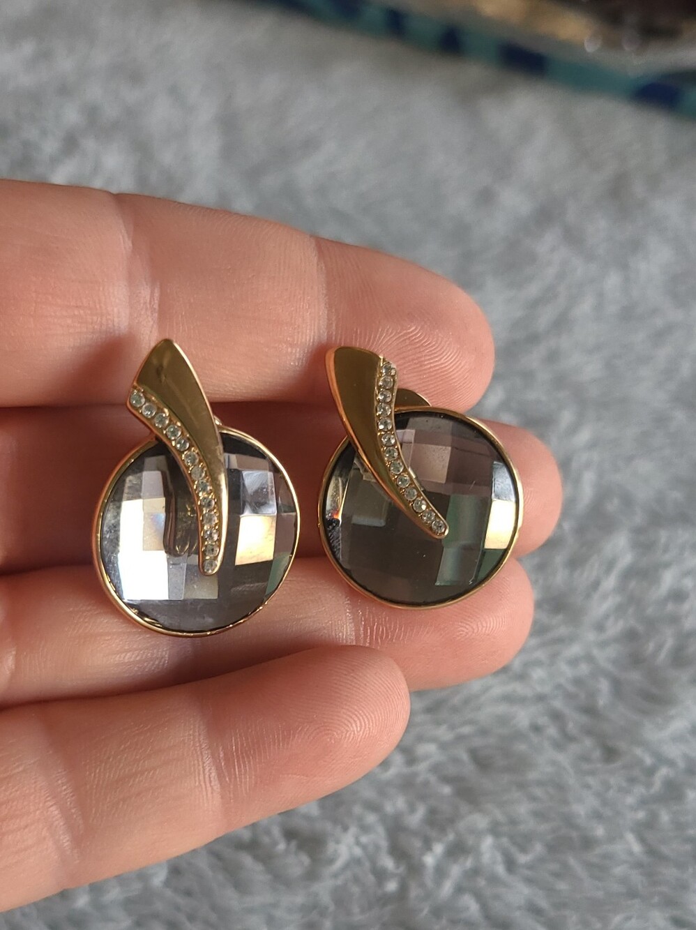 Vintage Gold-Tone Earrings with Gray Faceted Crystal Drops and Pave Accents